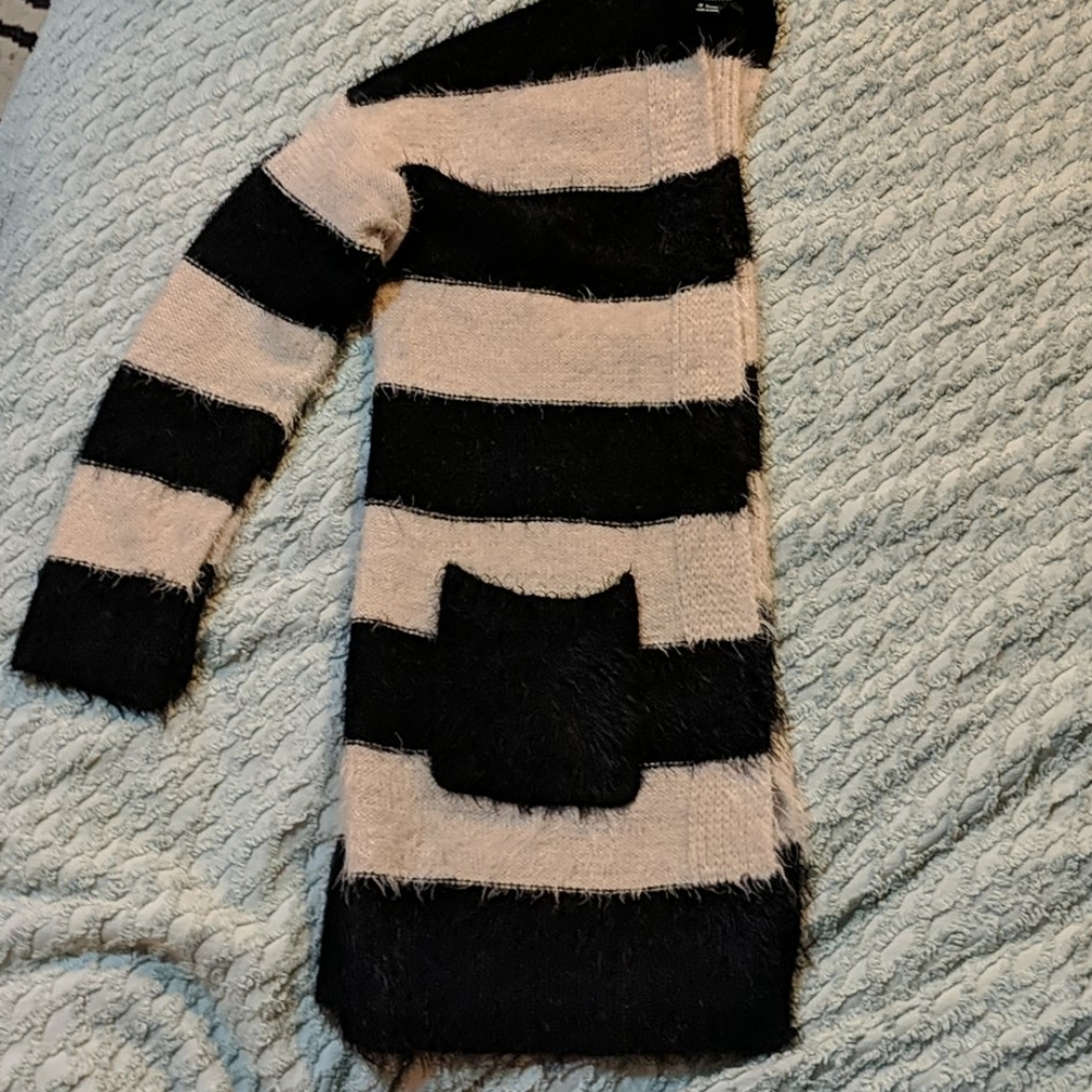 Black & Cream striped fuzzy cardi WITH POCKETS